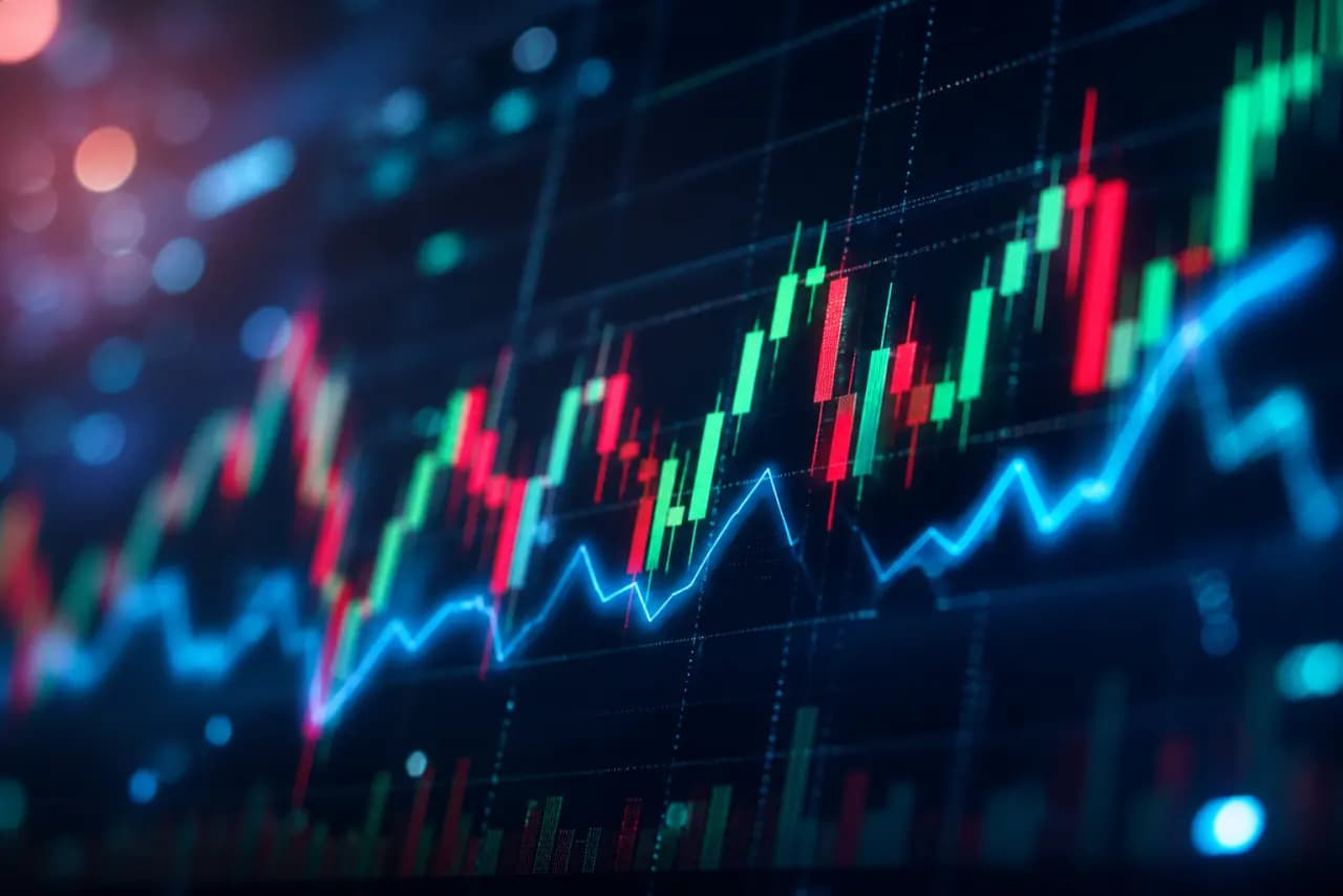 Close-up glowing candlestick chart on a dark trading screen
