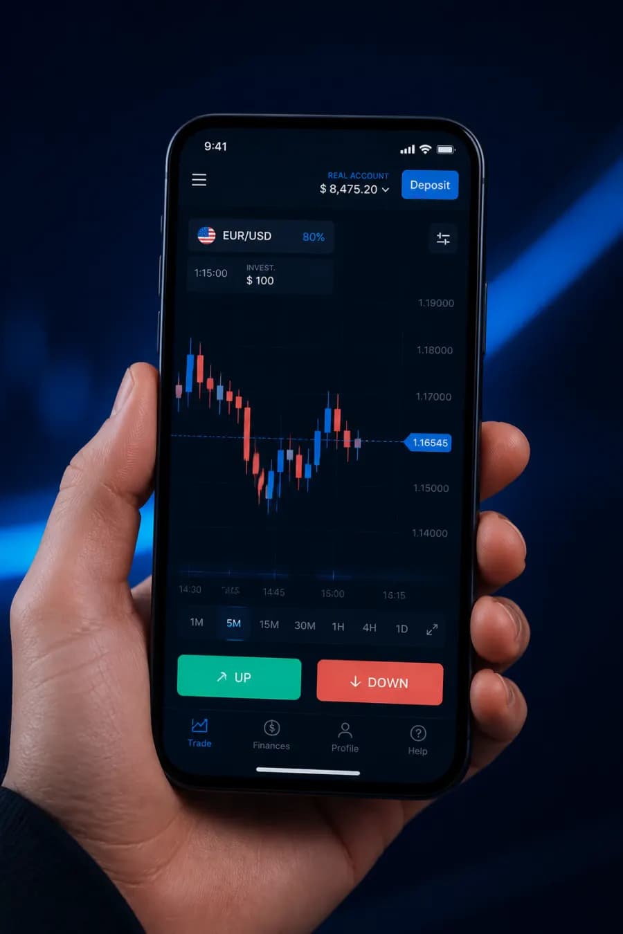 OVEXLY trading app open on a phone — EUR/USD candlestick chart with UP and DOWN buttons